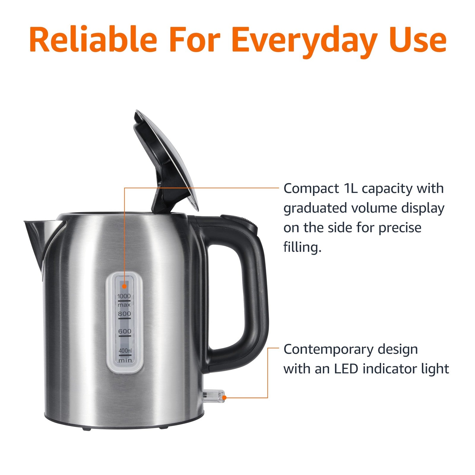 1.1Qt Electric Kettle, Stainless Steel, Auto Shut-Off, 1500W, Black/Silver