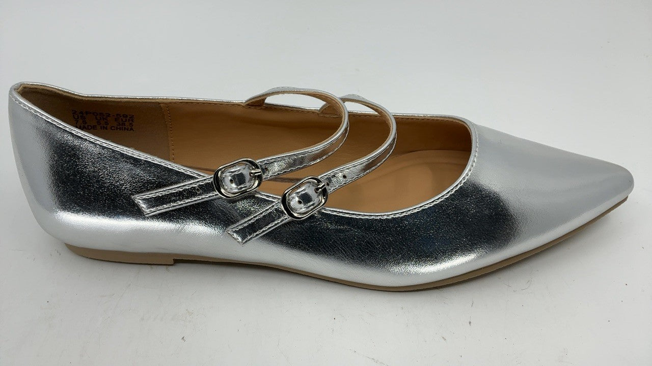 Silver Leather Mary Jane Flats for Women Size 7.5 Comfortable Slip On