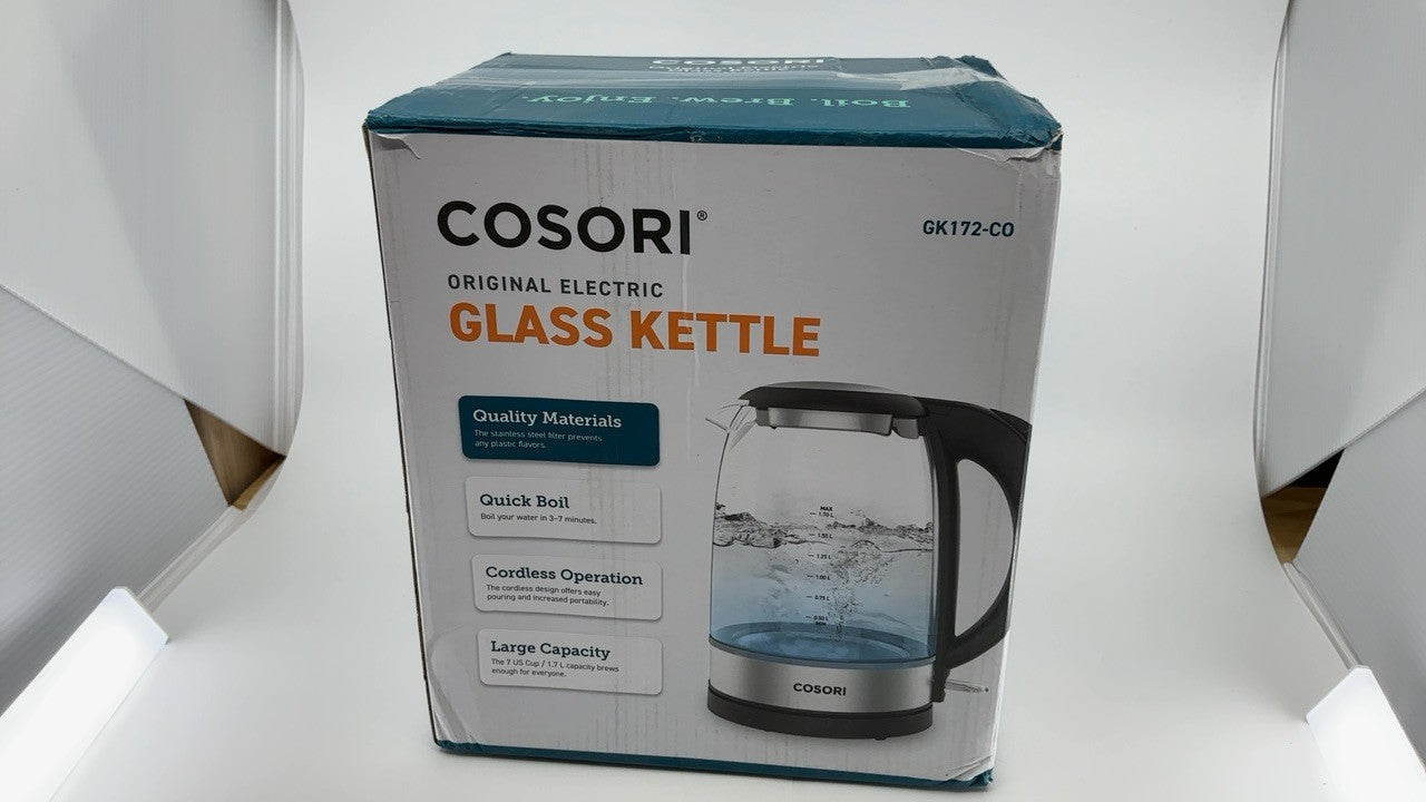 1.7L Electric Tea Kettle, Black Glass, No Plastic, 1500W, Auto Shut Off