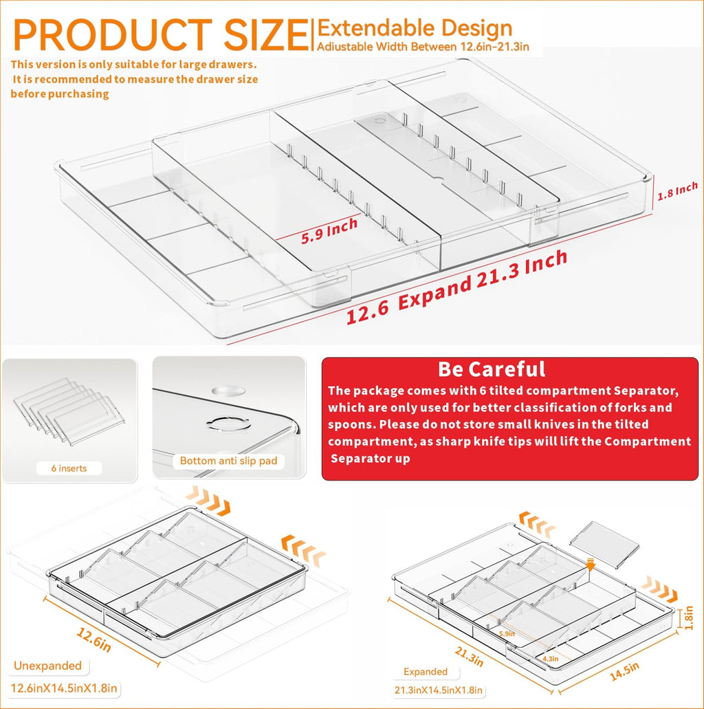 Large Silverware Organizer, Expandable from 12.6 to 21.3 in, Clear