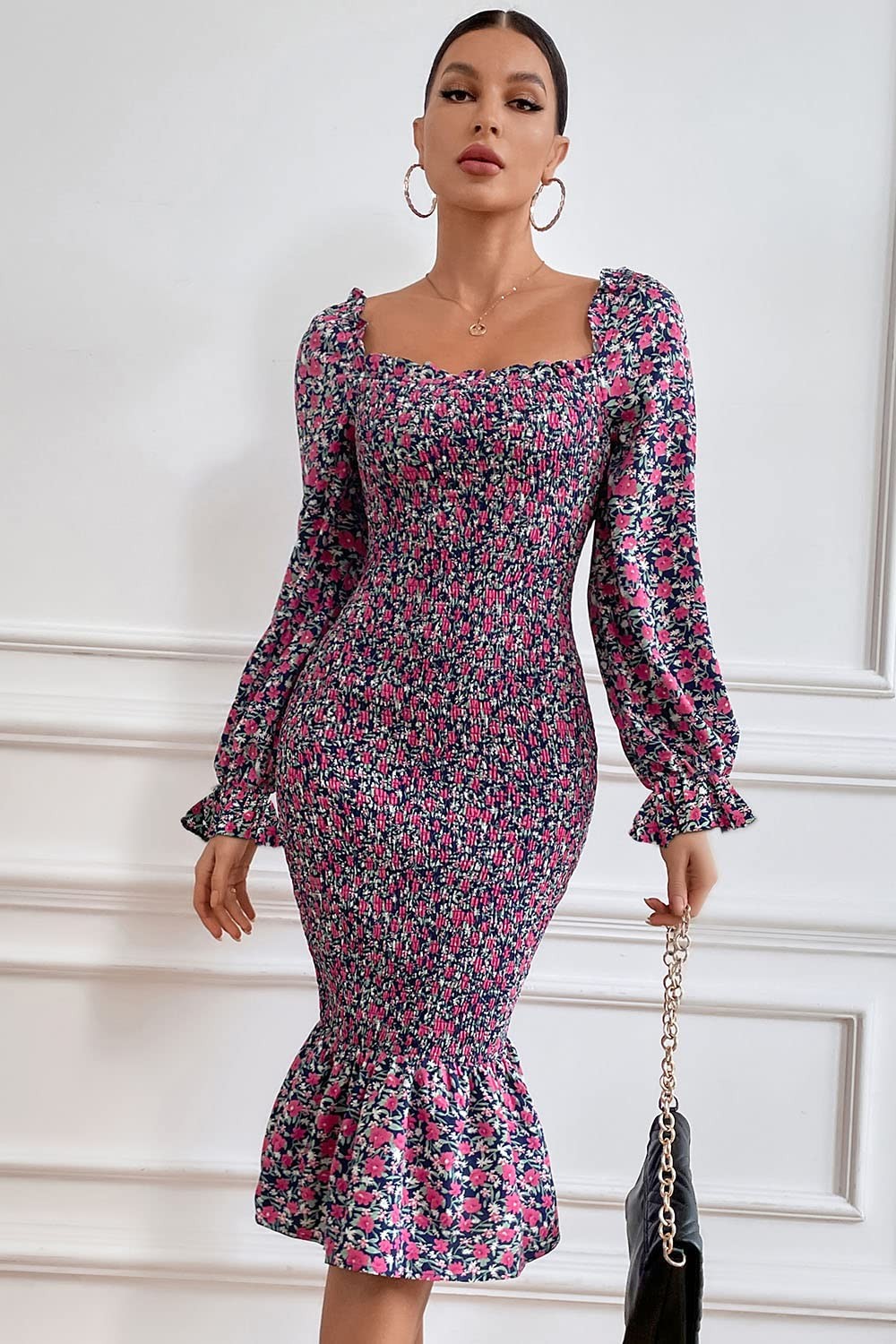 Floral Midi Bodycon Dress w/ Puff Sleeves, Square Neck, Blue Purple, M