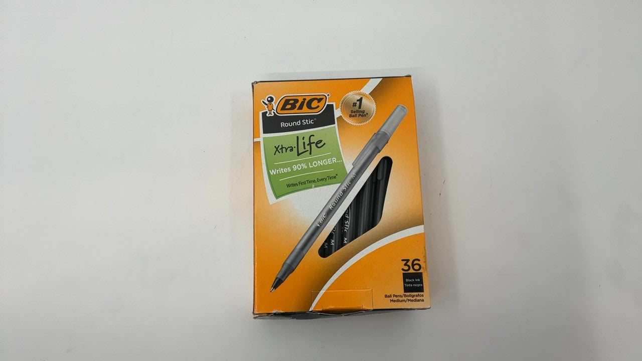 36-Count BIC Round Stic Xtra Life Black Pens, Medium Point 1.0mm