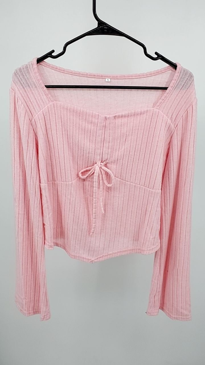 Ribbed Knit Drawstring Long Sleeve T-Shirt