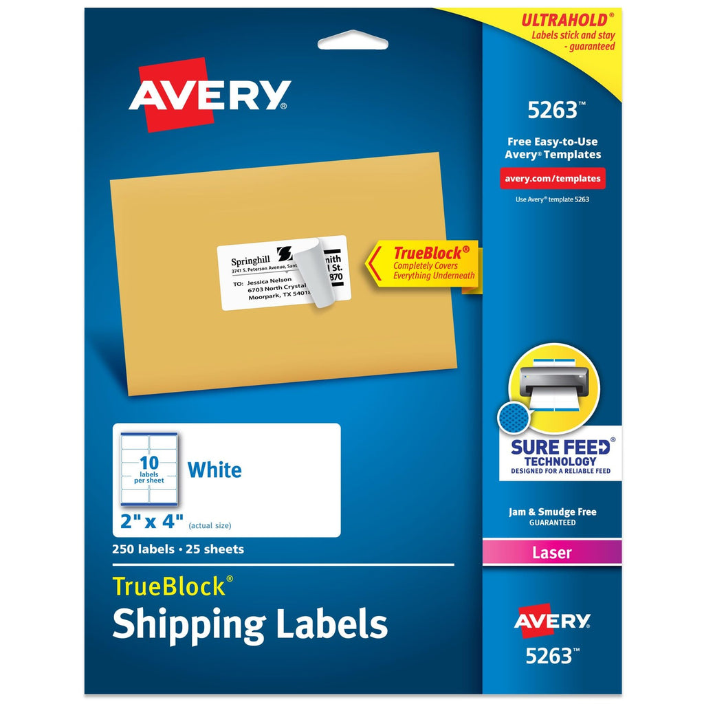 Avery 5263 TrueBlock Labels, 2" x 4", White, 250 Count, Laser Compatible