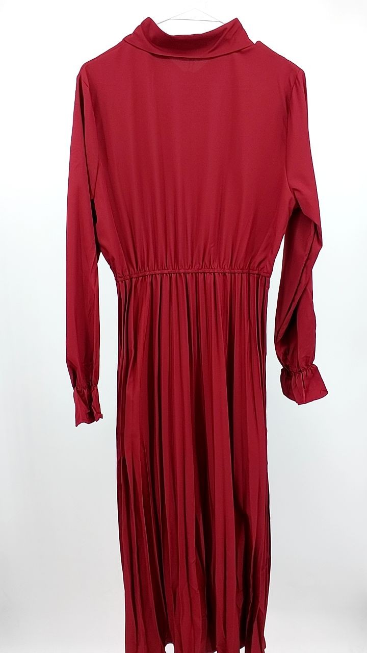 Pleated Half Button Long Sleeve Midi Dress