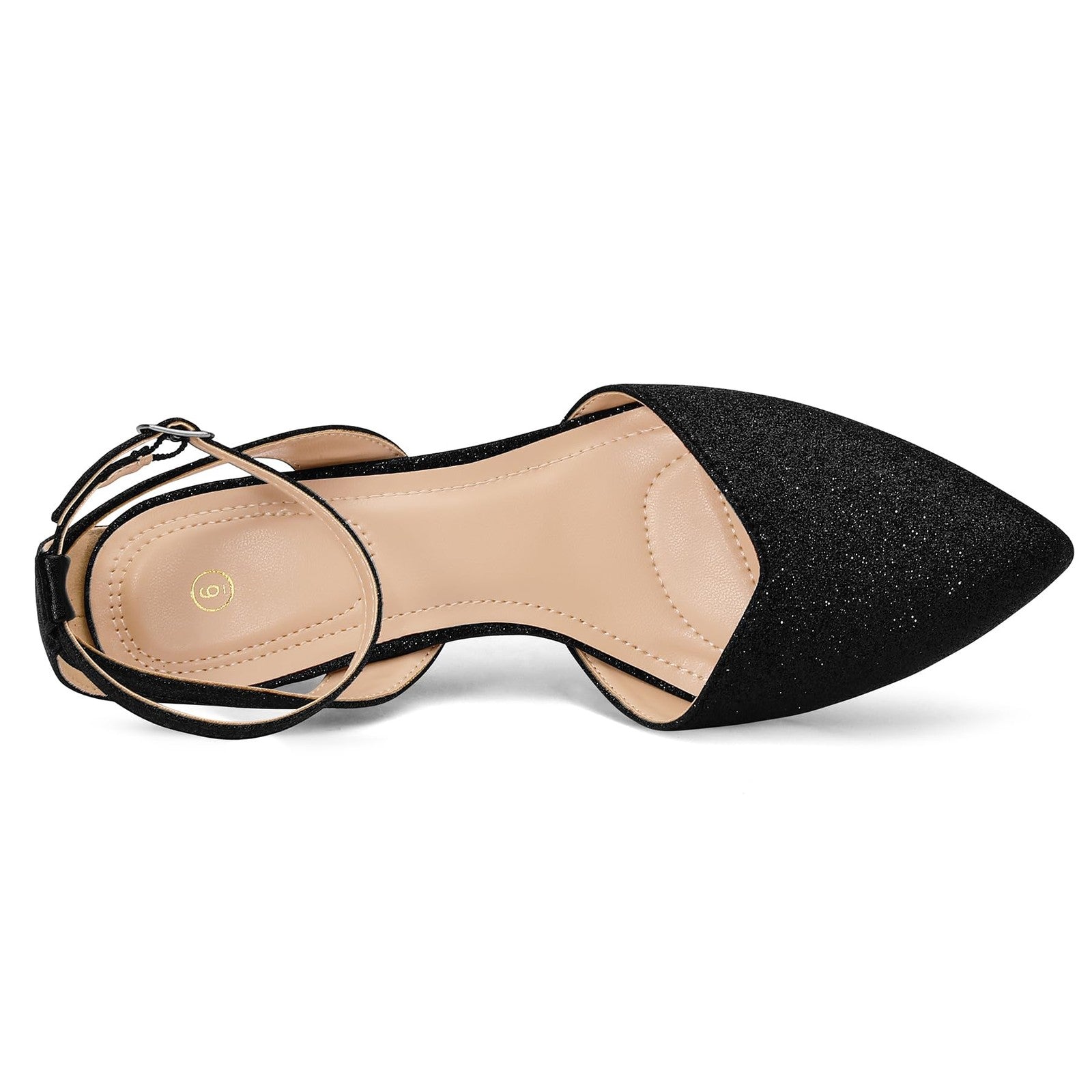 Size 7 Black Glitter Ankle Strap Kitten Heels, Pointed Toe