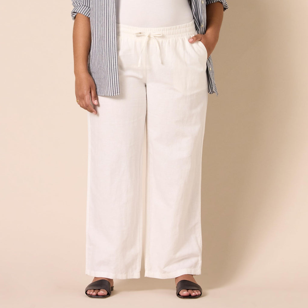 Linen Blend Wide Leg Pant w/ Drawstring, Bright White, X-Small