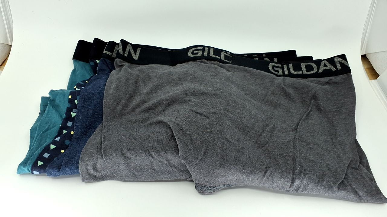 Men's Gildan Boxer Briefs, Cotton Stretch, 4-Pack, Medium, Hthr Dark Grey/Navy