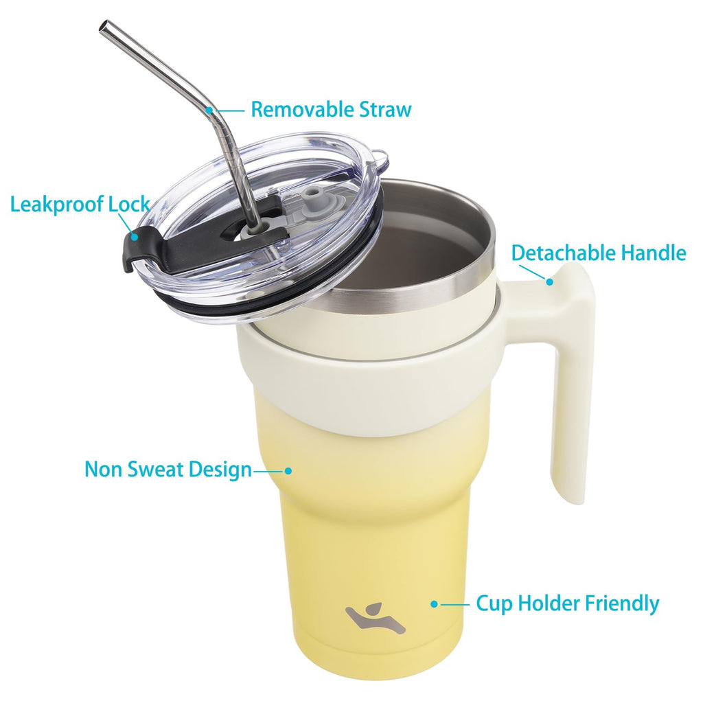 30 Oz Insulated Tumbler w/ Handle & Straws, Stainless Steel, Lemon