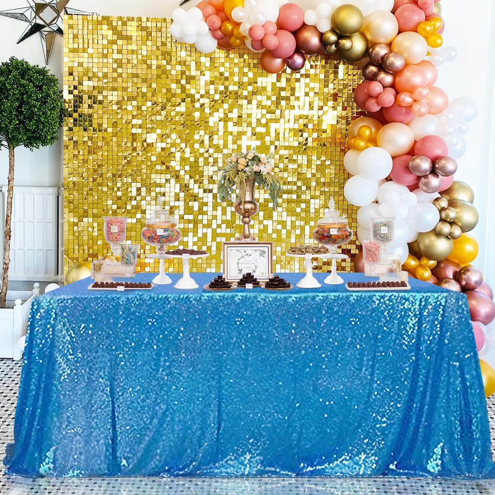 60 x 102 In Aqua Blue Glitter Tablecloth for Bridal & Baby Showers