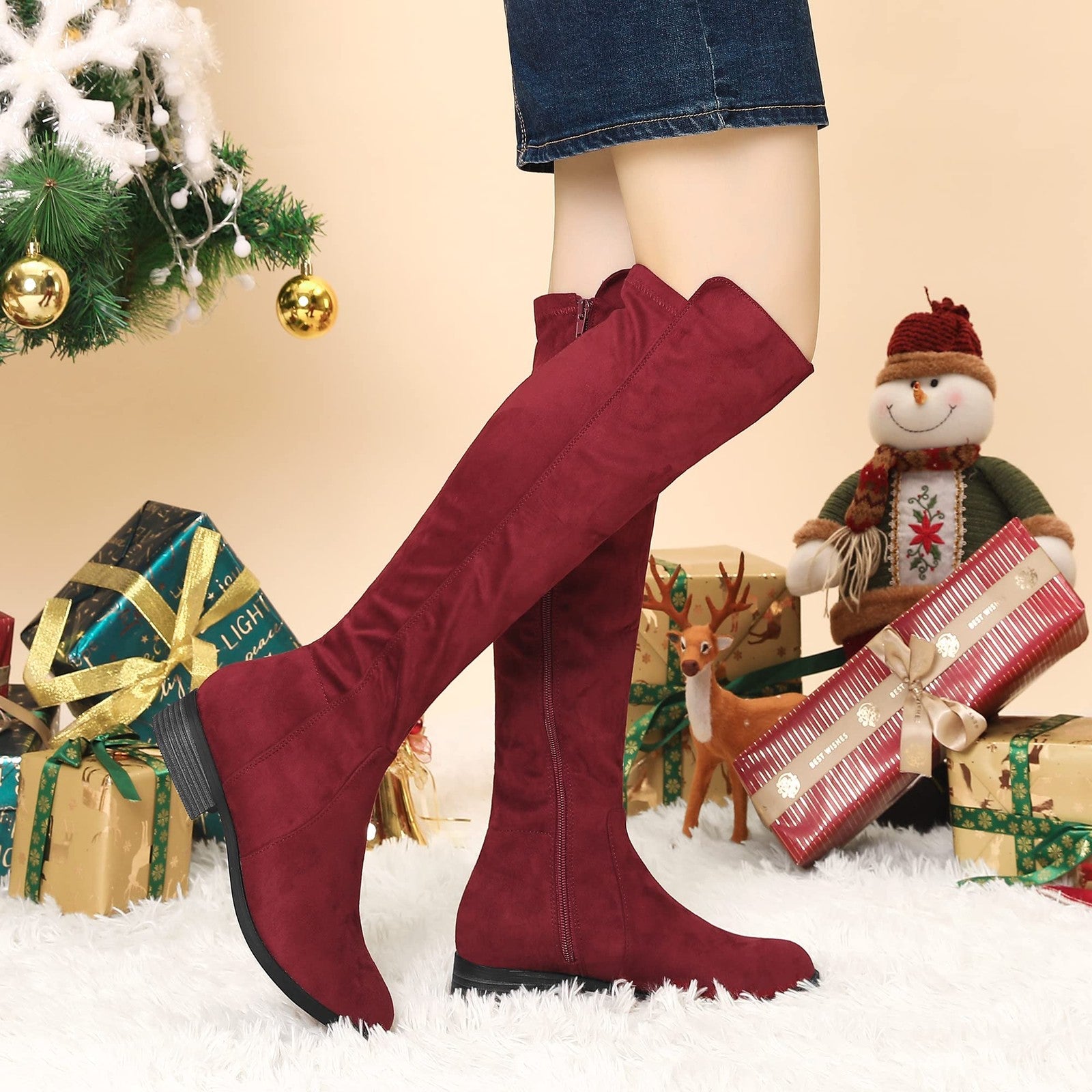 Allegra K Women's Side Zipper Chunky Heels Burgundy Knee High Boots 8 M US