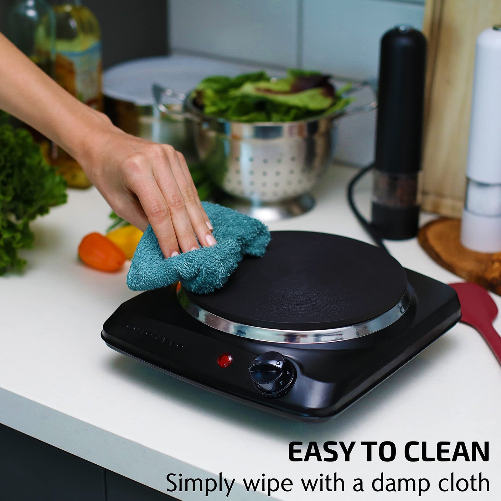 Portable 1000W Electric Cooktop w/ Cast Iron Plate, 5 Temp Levels, Black