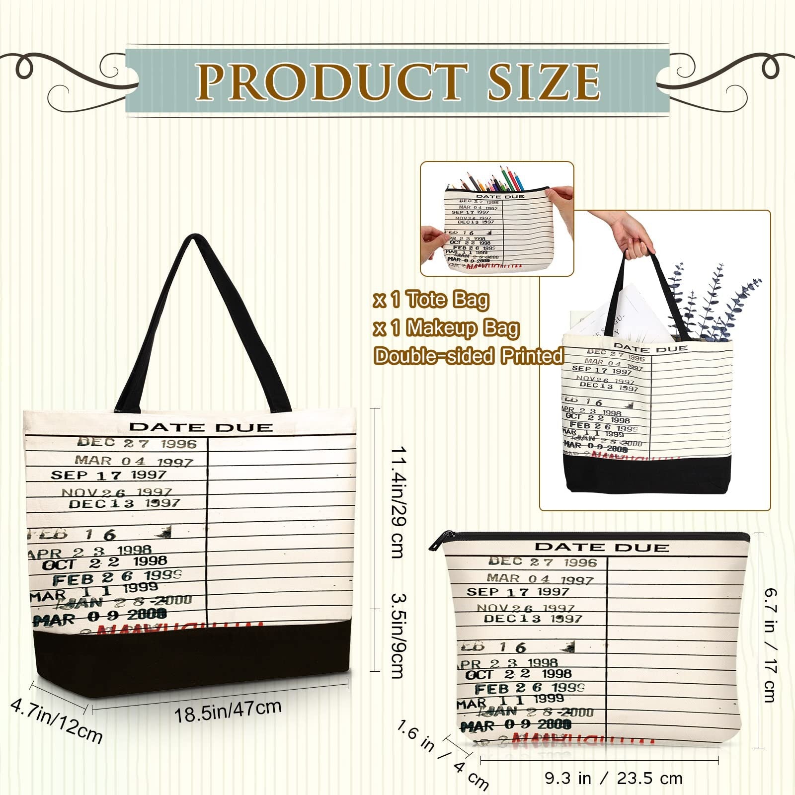 Vintage Library Bag & Cosmetic Pouch, Reusable Canvas, Black/White
