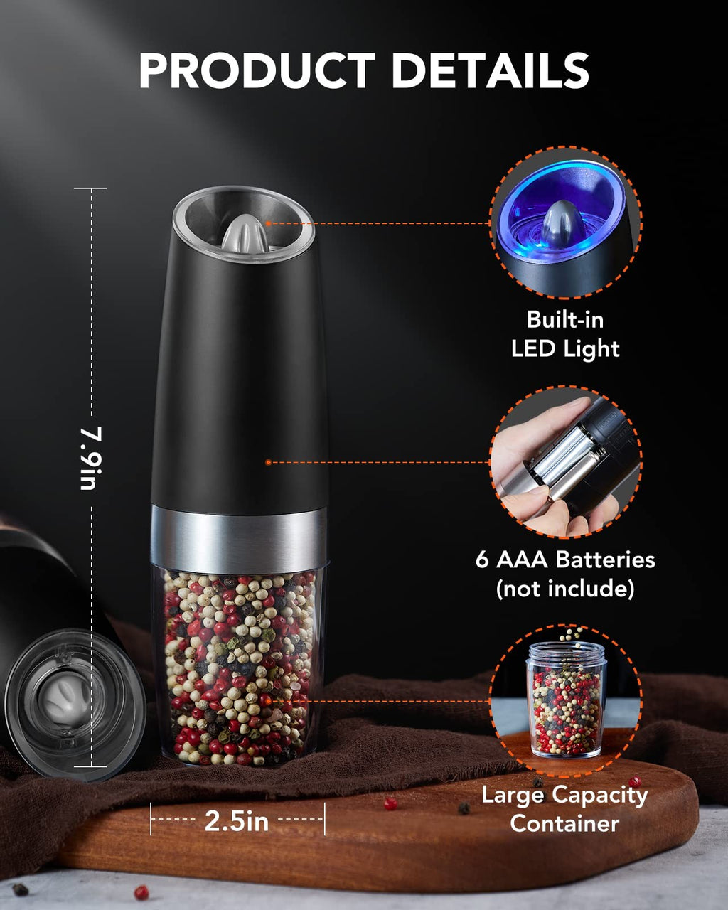 Automatic Salt & Pepper Grinder Set w/ LED Light, Black, Adjustable Coarseness