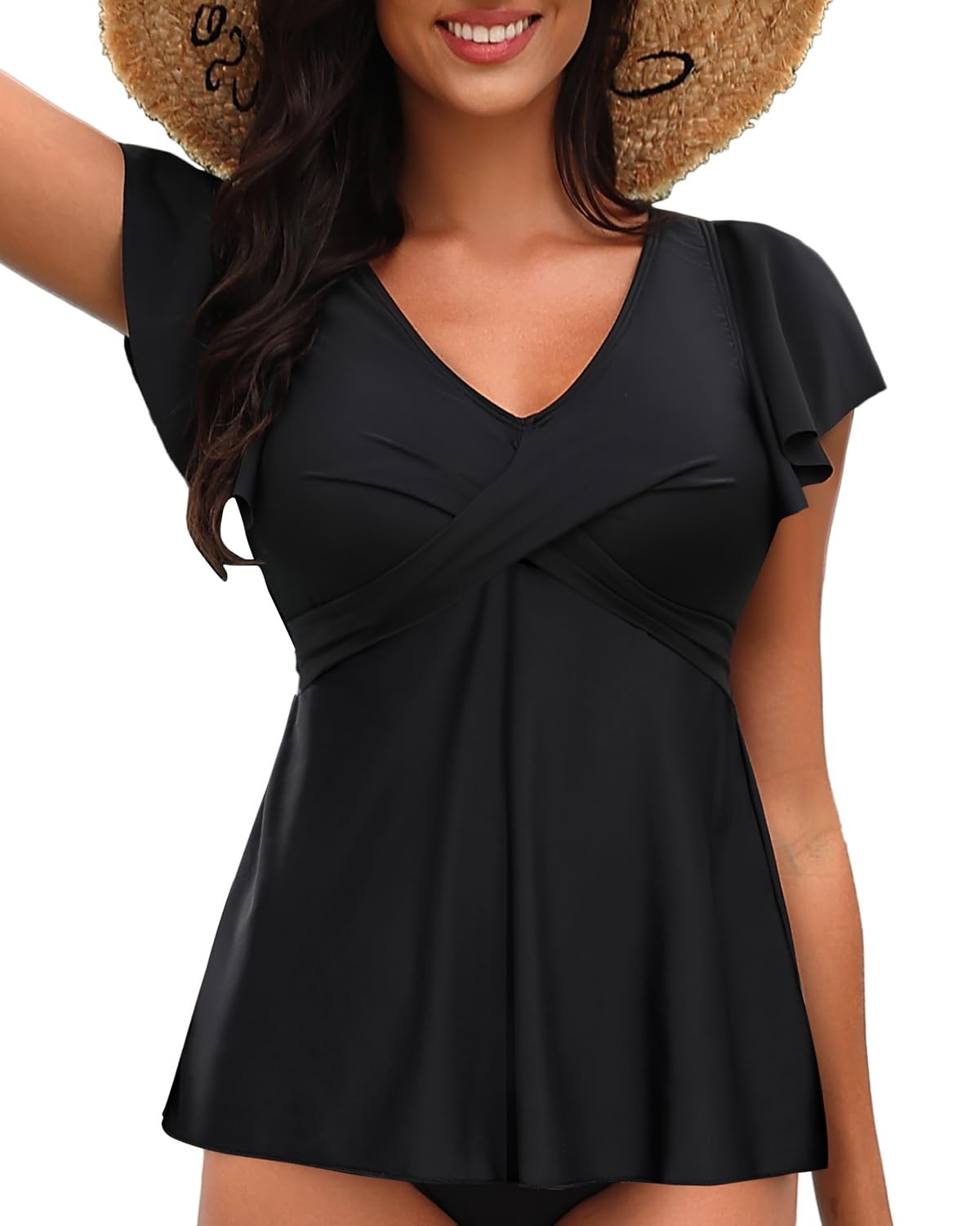 Aqua Eve Women's Tankini Swim Top, Black Ruffle Sleeves, Size M