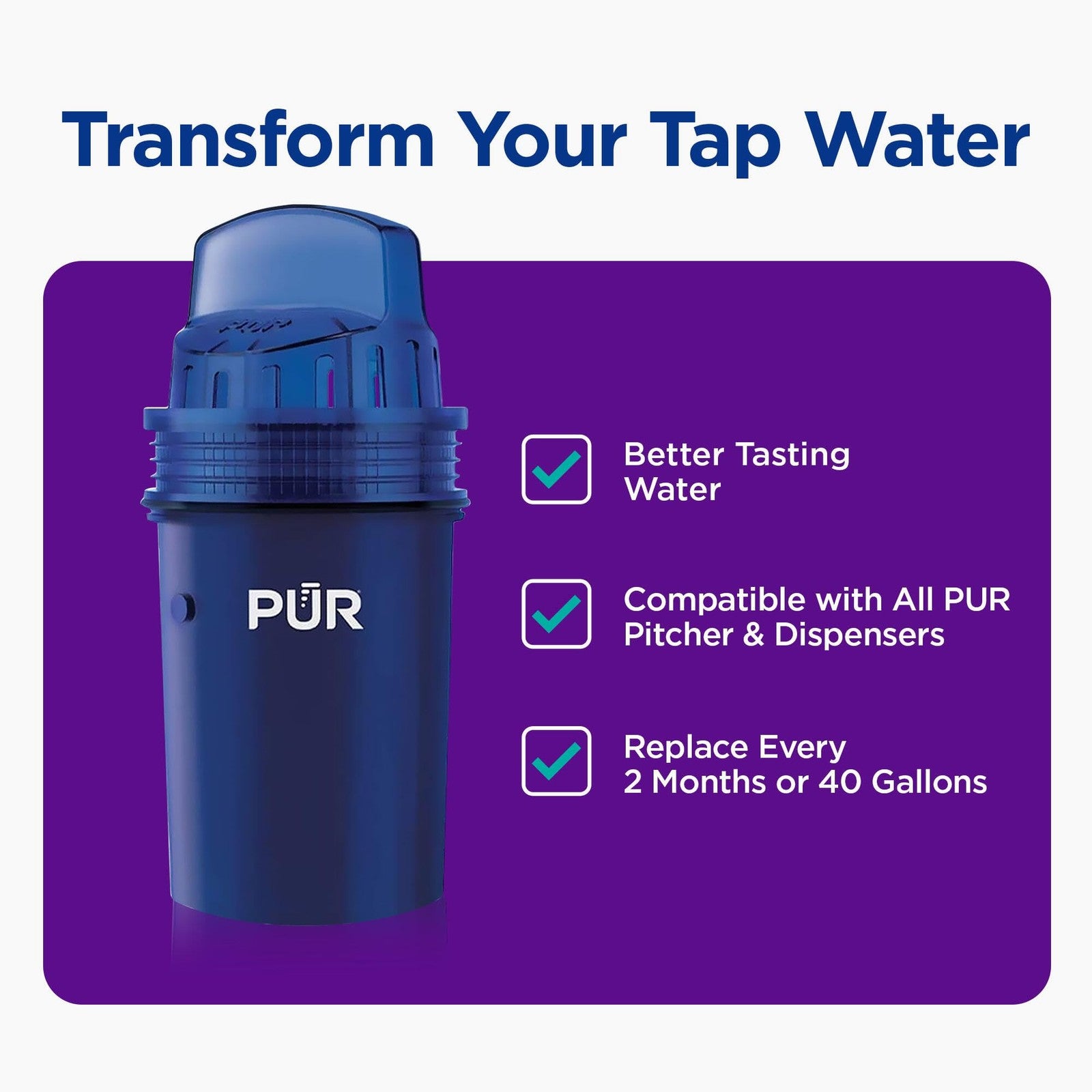 PUR 4-Pack Water Pitcher Filters, Blue, 2-in-1 Filtration Technology