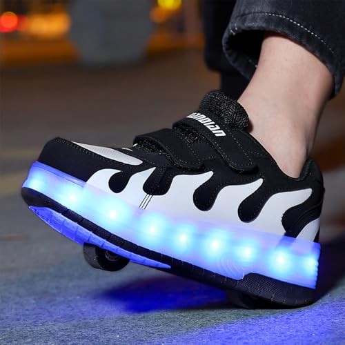 LED Fashion Sneakers for Kids 5.5 USB Rechargeable Roller Shoes Black/White