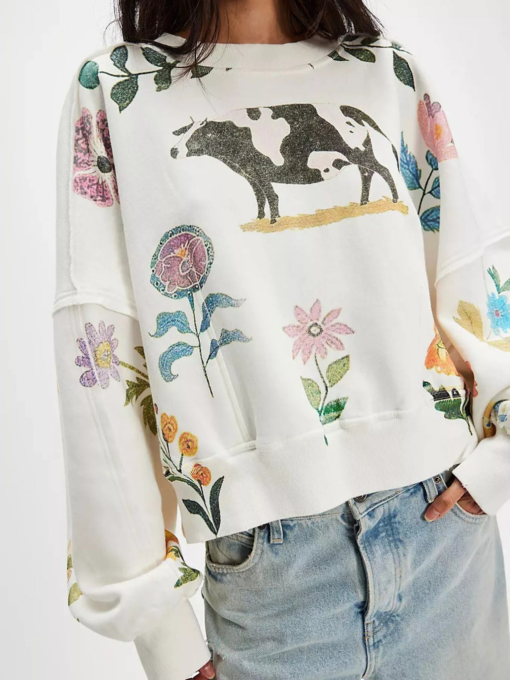 Printed Round Neck Dropped Shoulder Sweatshirt