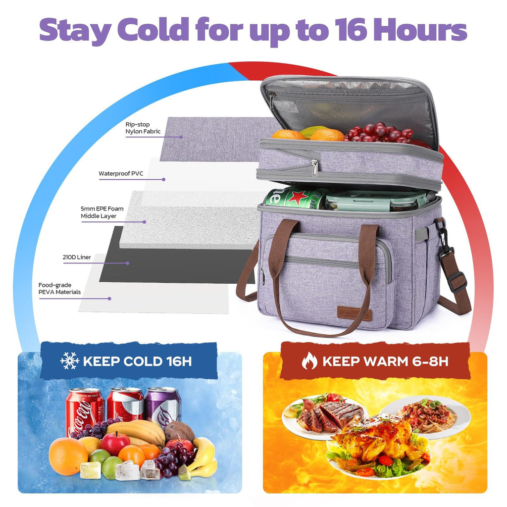 Expandable 23L Lunch Bag, Insulated Cooler with Side Pocket, Lavender