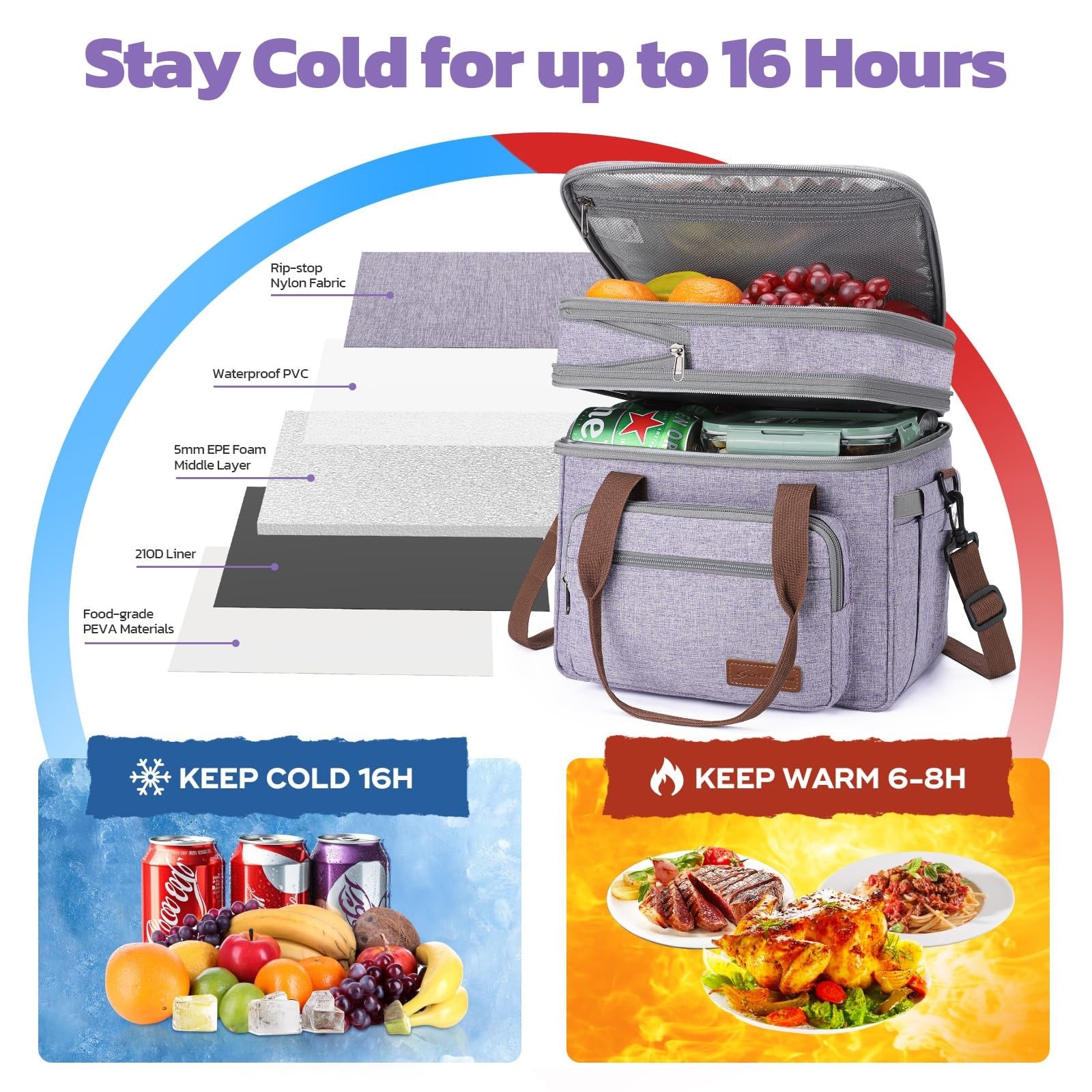 Expandable 23L Lunch Bag, Insulated Cooler with Side Pocket, Lavender