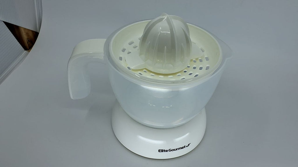 Compact Electric Citrus Juicer, 16 Oz, White, Pulp & Seed Strainer