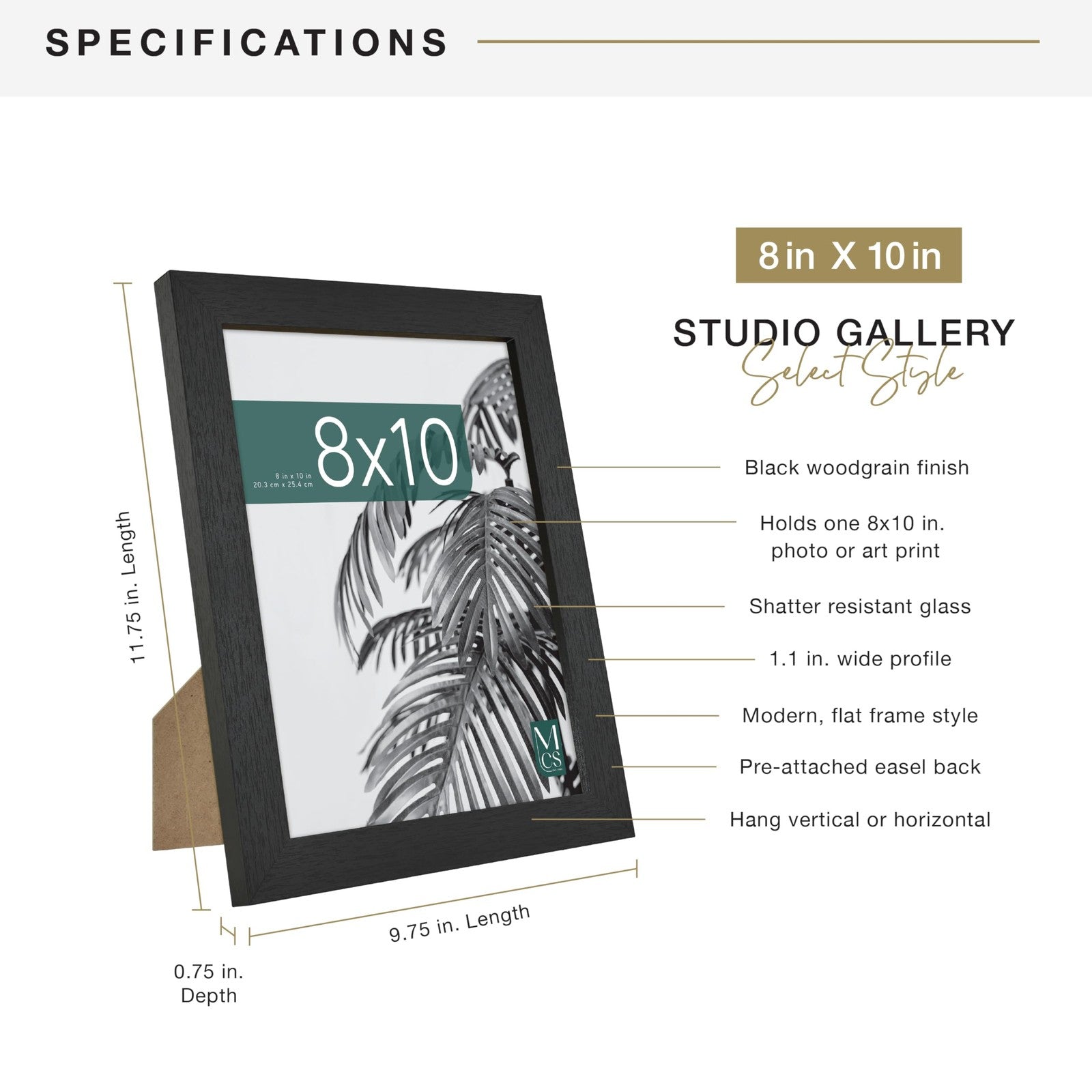 MCS 8x10 Picture Frame Black Woodgrain, Vertical & Horizontal Display