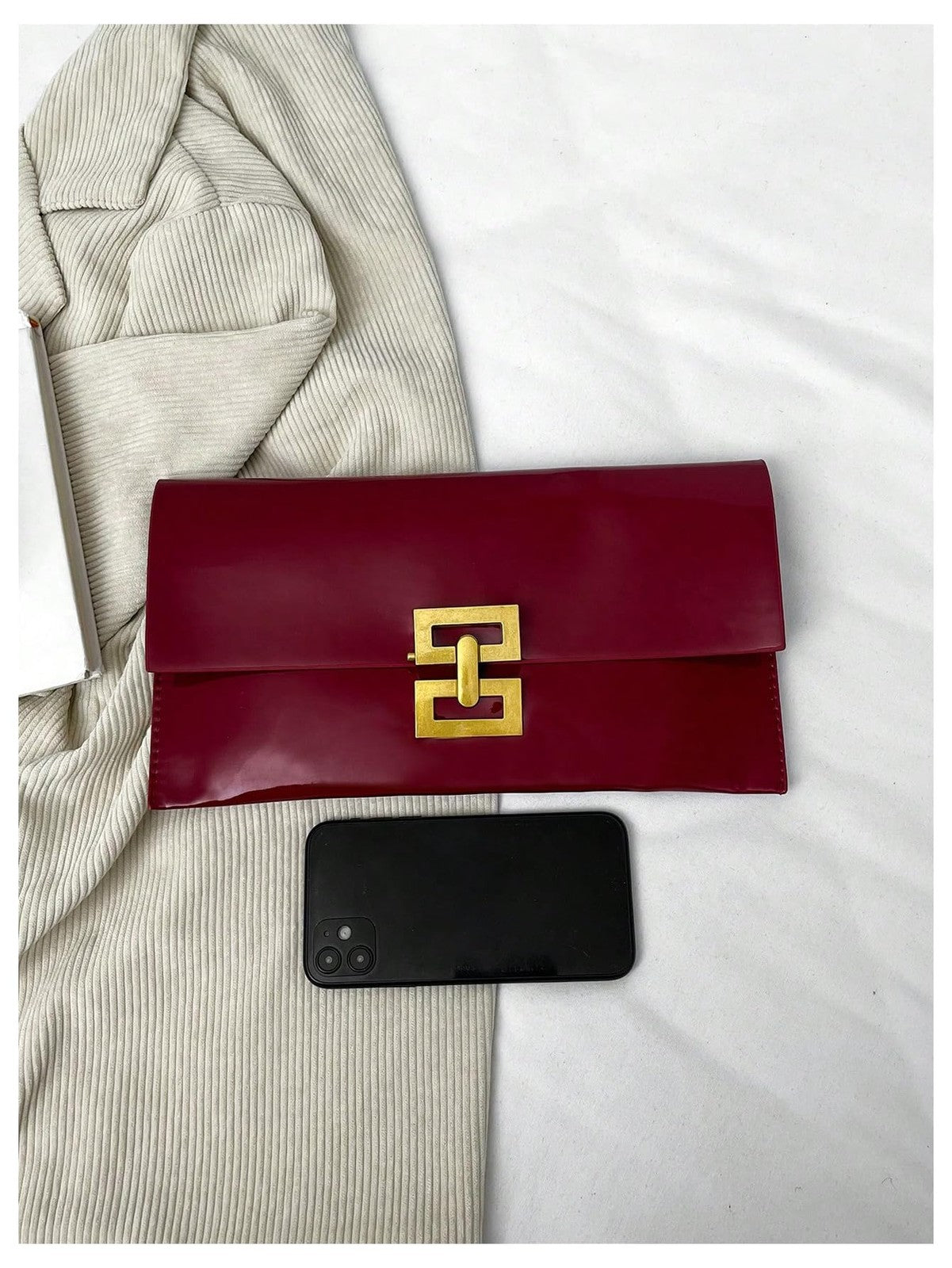Burgundy Metallic Clutch Evening Bag, One Size, Envelope Design