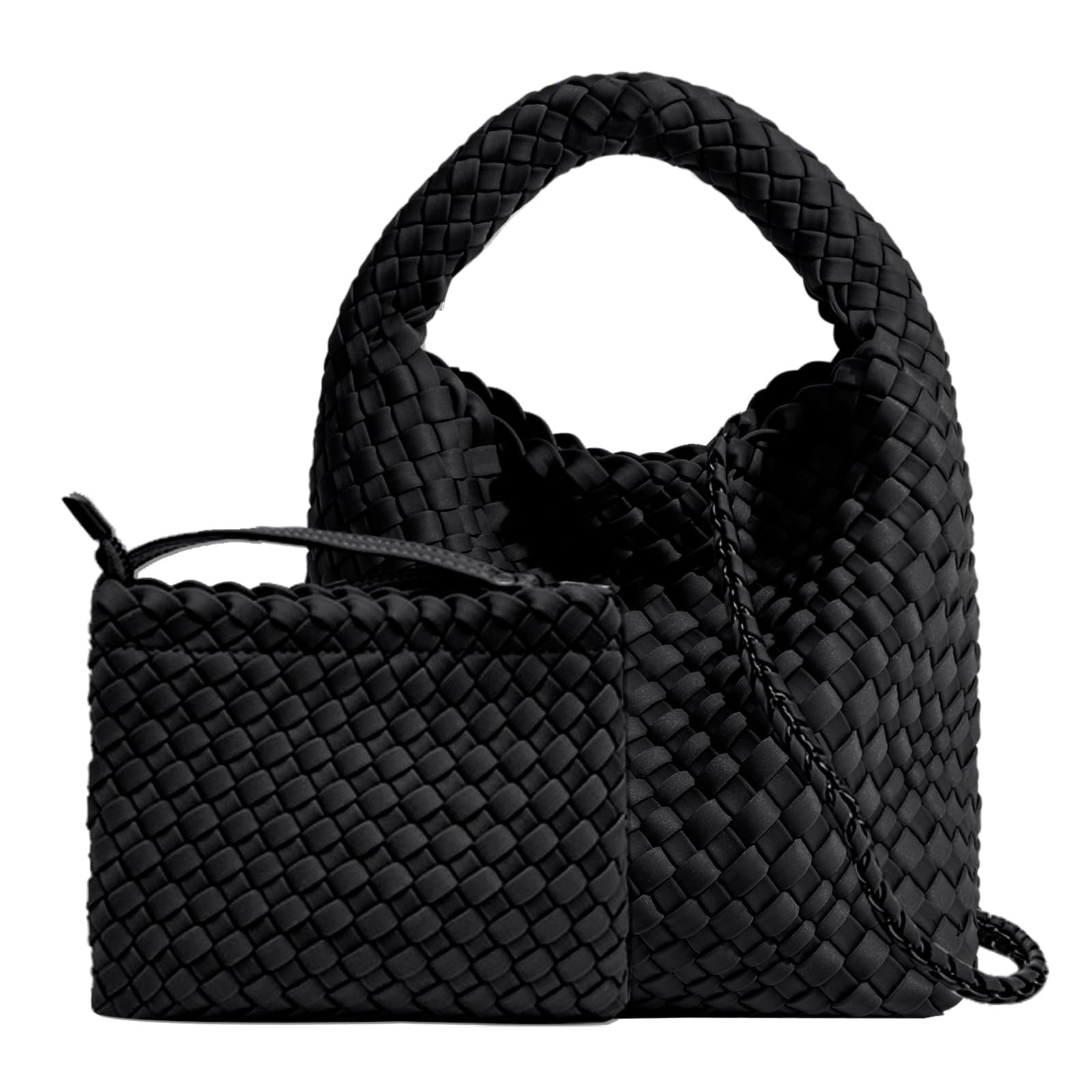 Ladies Black Neoprene Woven Tote Bag & Wallet - Adjustable Shoulder Bag