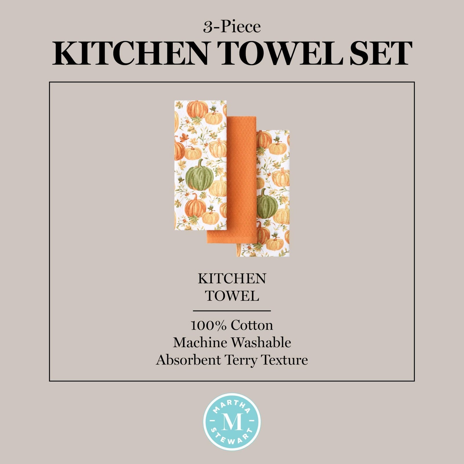 Cotton Kitchen Towels Set, 3-Pack, Autumn Harvest, 16x28 in, Soft & Absorbent