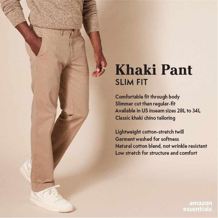 Men's Slim-Fit Chino Pants 36W x 32L Dark Khaki Brown Cotton