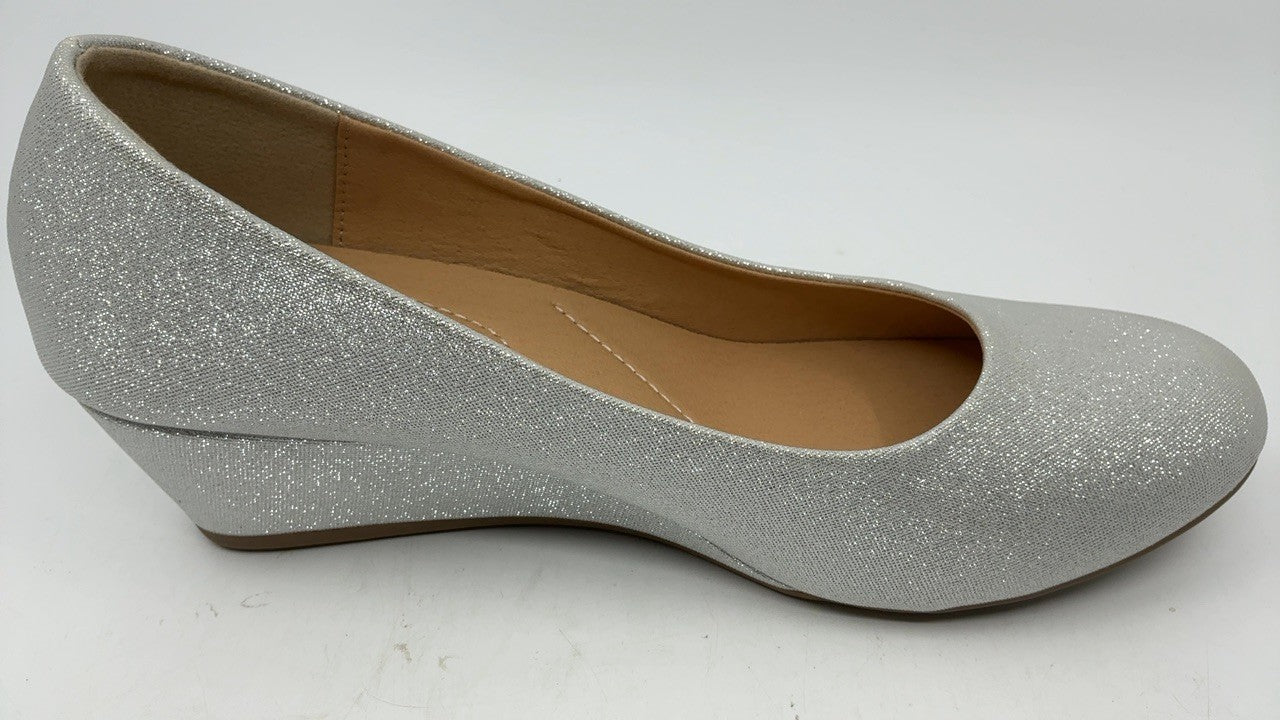Silver Glitter Wedge Pumps Size 9 Women's Round Toe Mid Heels by Trary