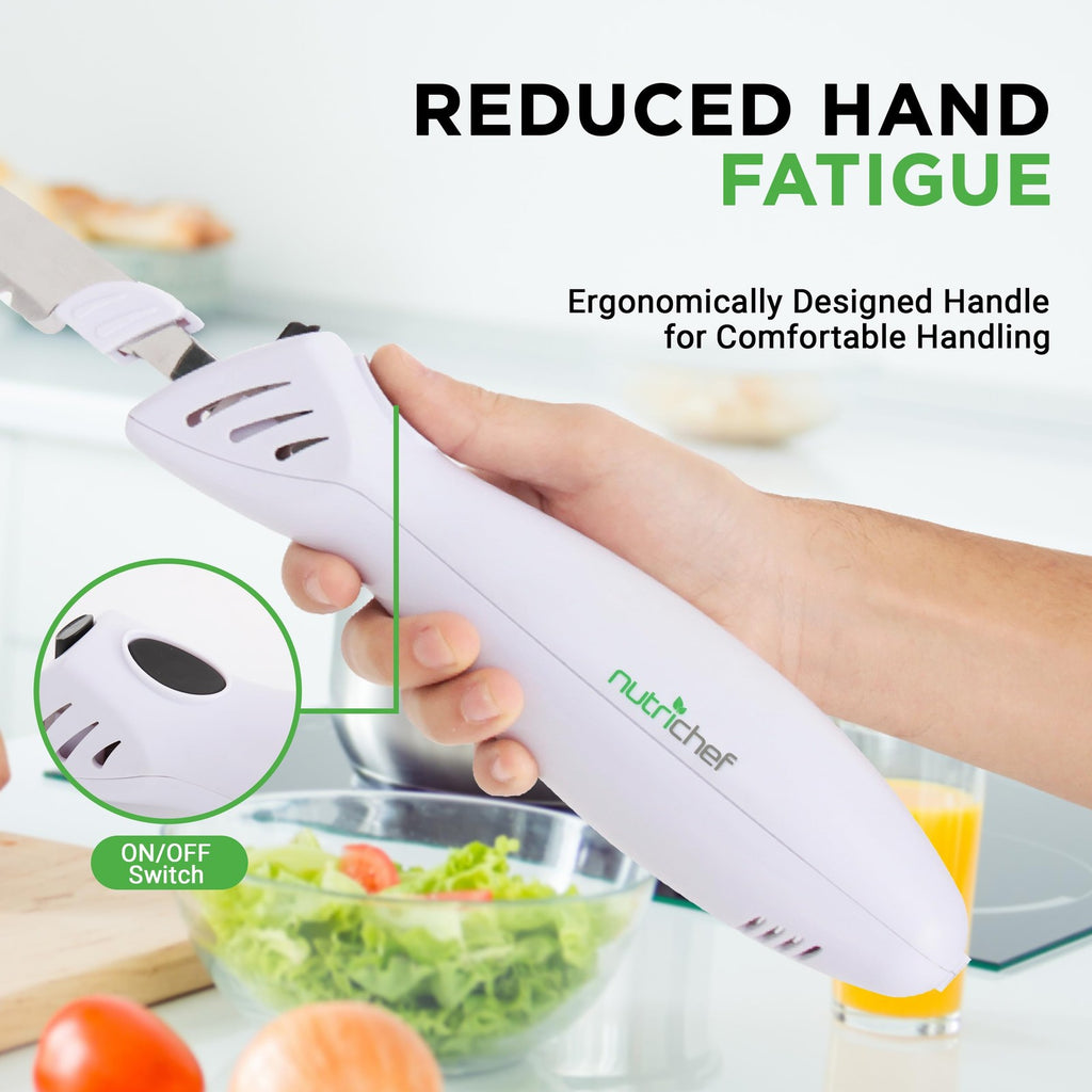 NutriChef Electric Carving Knife Set w/ Blades & Wood Stand - White