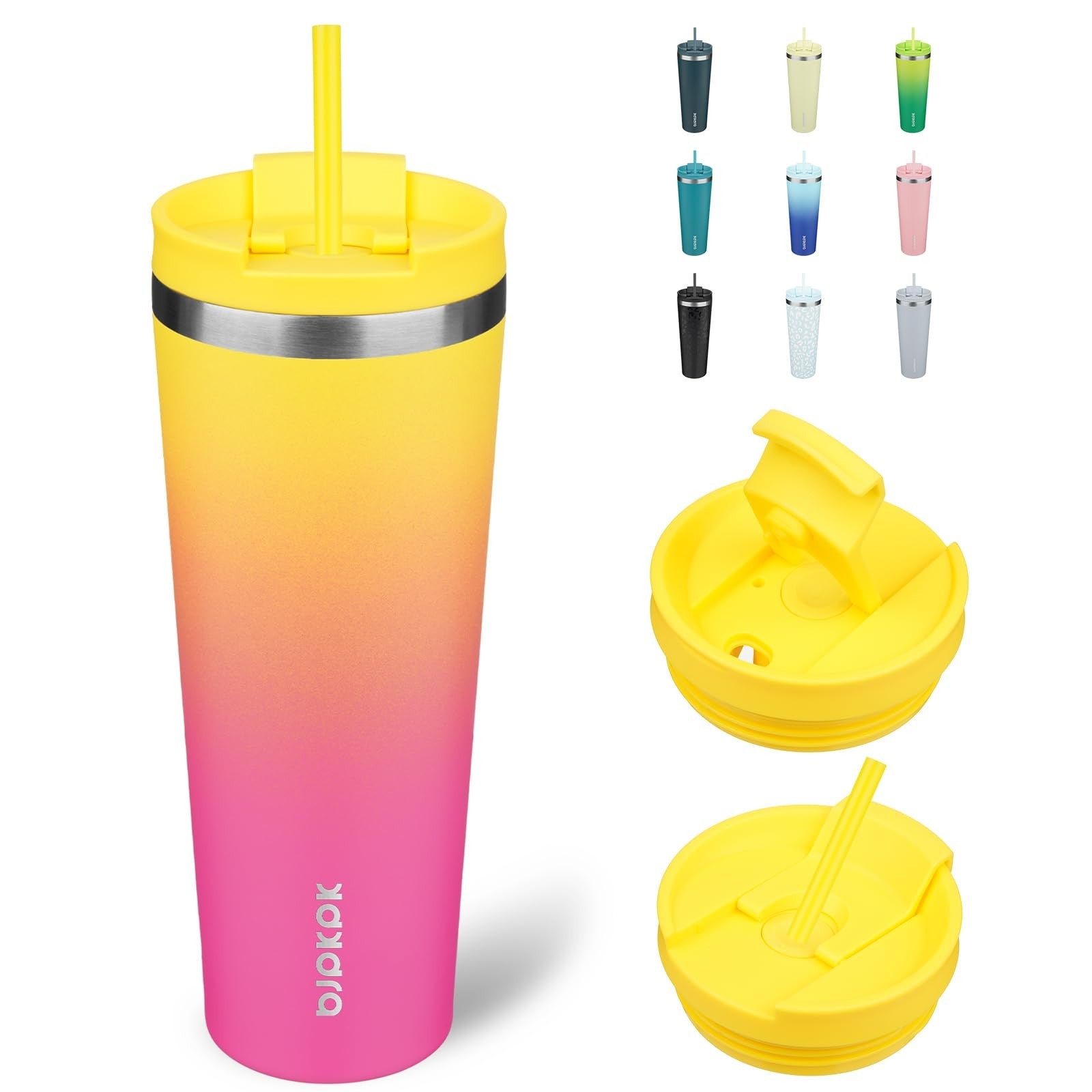 Insulated 26oz Tumbler w/ Lid & Straw, Stainless Steel, Pink Yellow Rose
