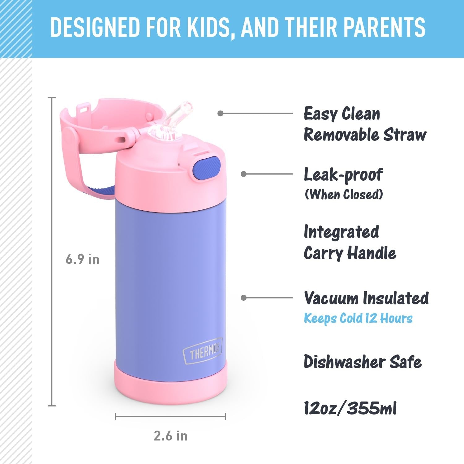THERMOS FUNtainer 12oz Kids Water Bottle, Purple/Pink, Insulated Stainless Steel
