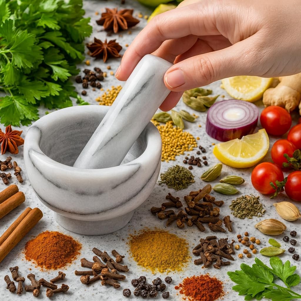 Mortar & Pestle Set, 3.8-Inch Carrara Marble, Nut Butter & Spice Grinder