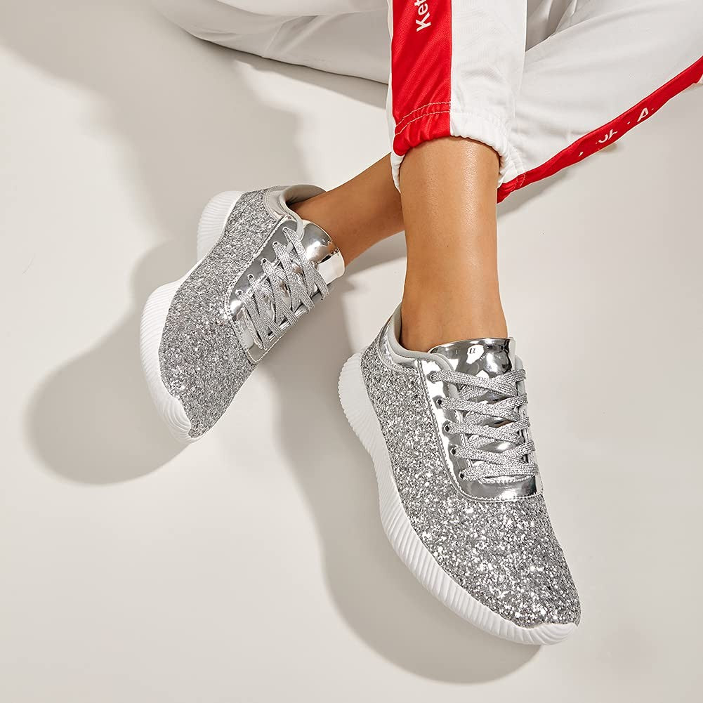 Silver Glitter Tennis Shoes for Women 11B Lightweight Sparkly Style