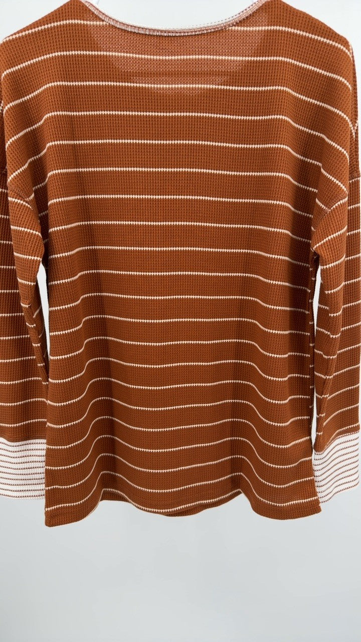 Striped Waffle Knit Henley Long Sleeve Top
