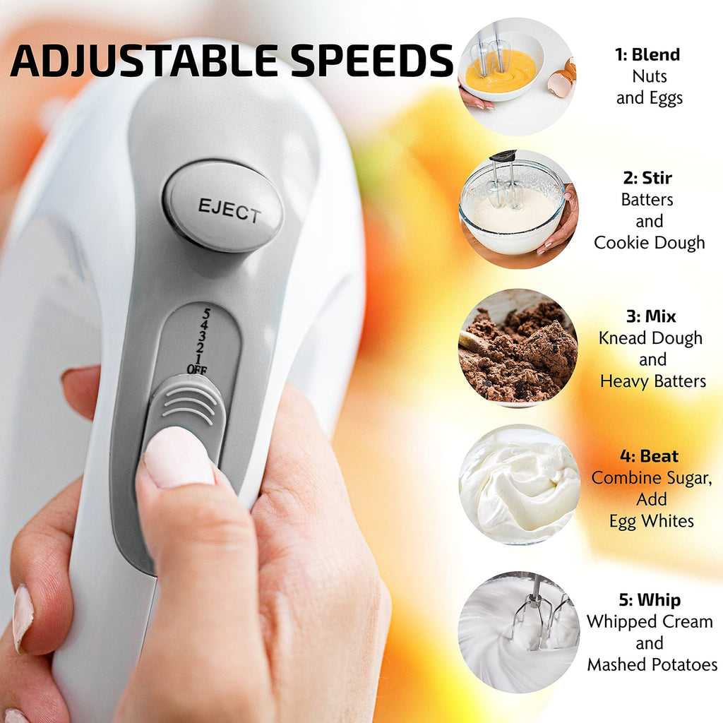 OVENTE 5-Speed Hand Mixer 150W White w/ Storage Case & Whisk Attachments