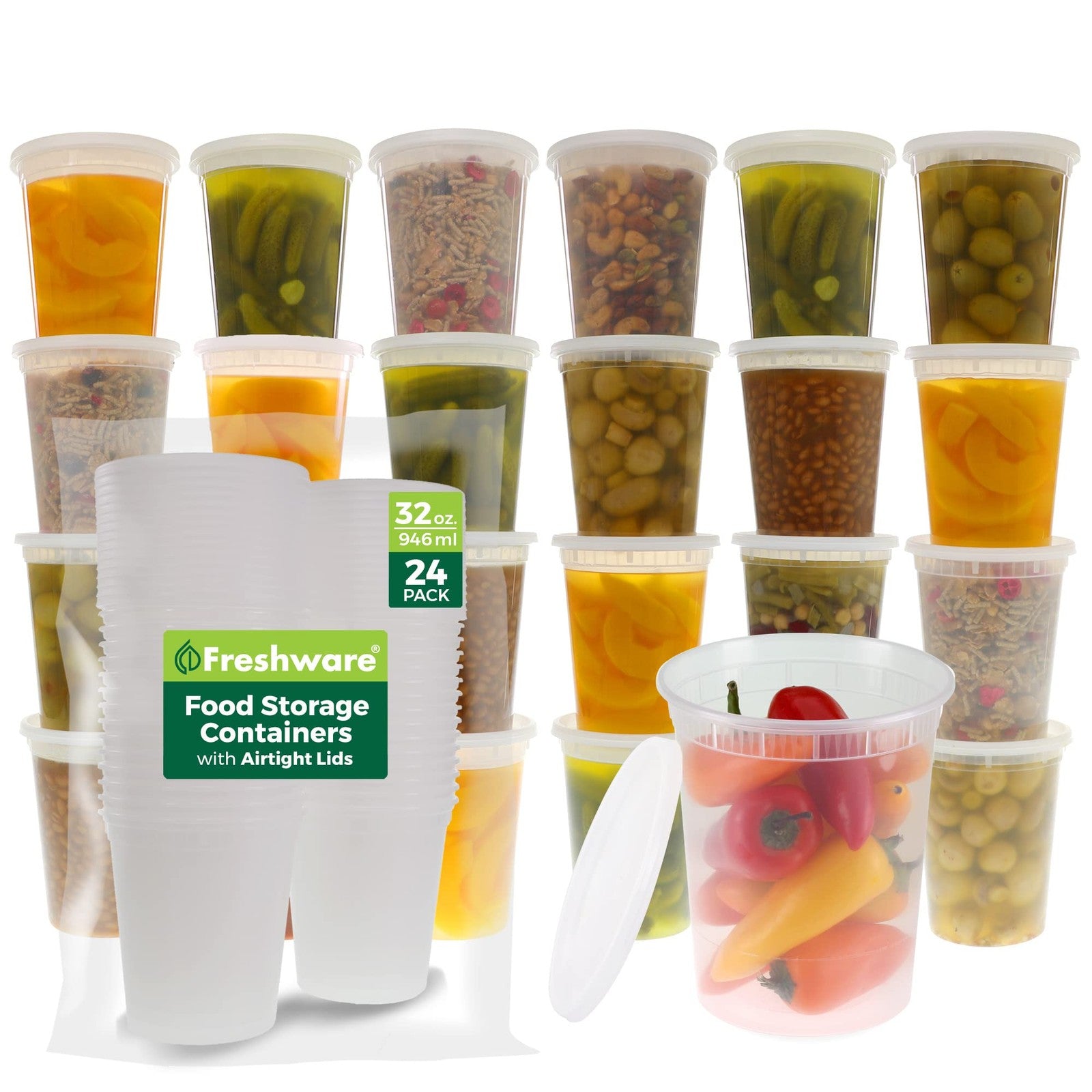 24-Pack 32 oz BPA-Free Plastic Deli Containers w/ Lids - Leakproof & Stackable