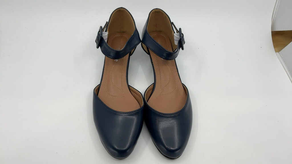 Enelauge Women's Matte Navy Ankle Strap Low Chunky Heel Pumps 7.5