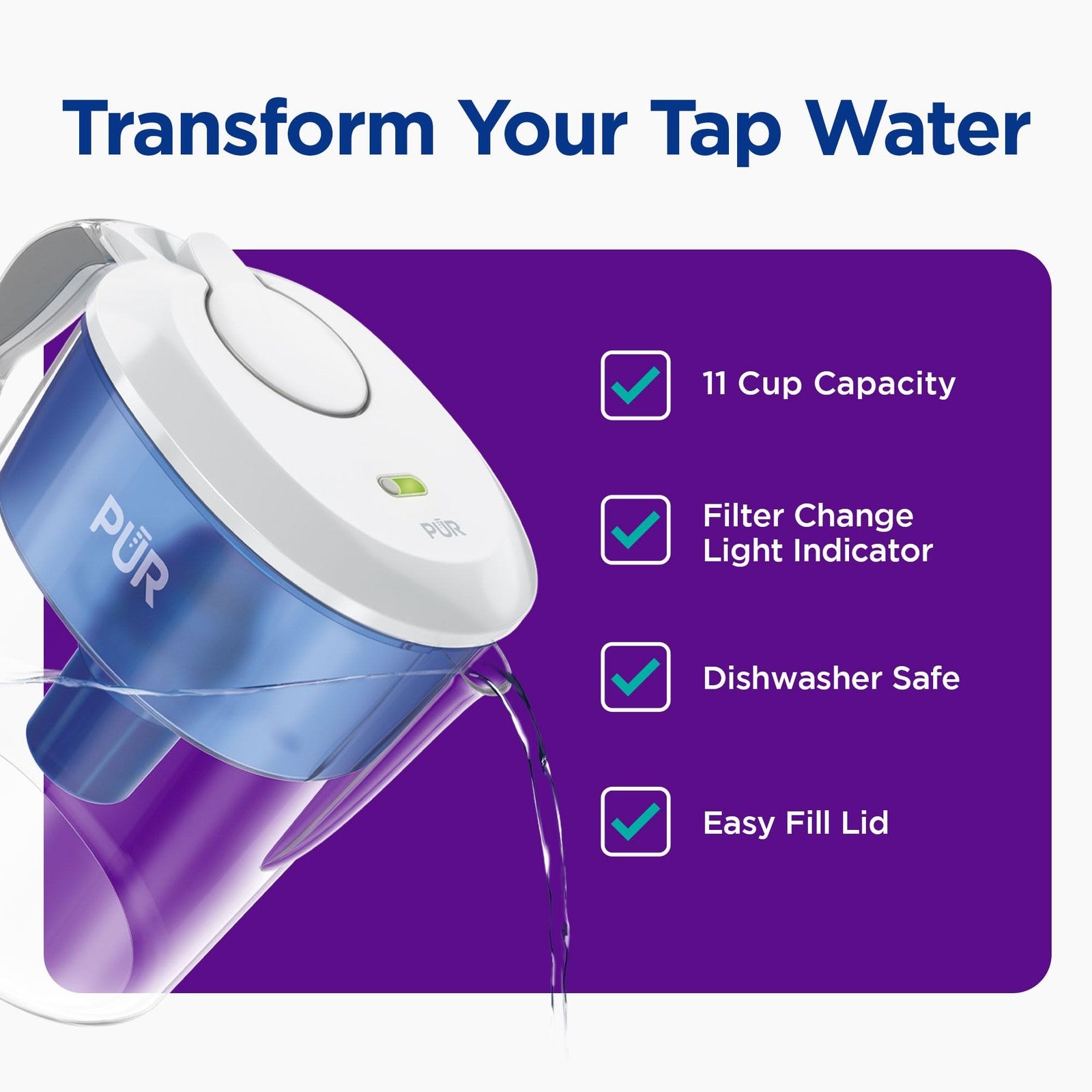 11-Cup PUR Water Pitcher, Powerful Filtration, White, Dishwasher Safe