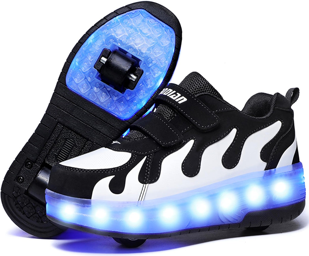 LED Fashion Sneakers for Kids 5.5 USB Rechargeable Roller Shoes Black/White