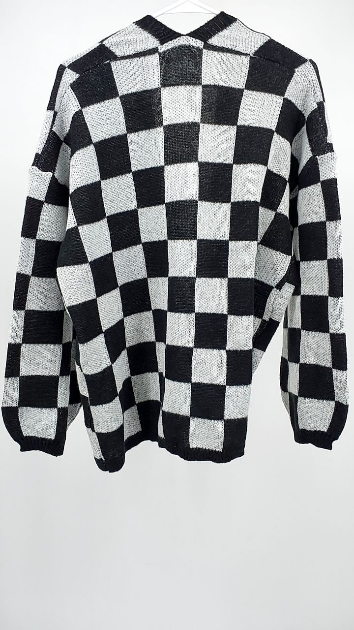 Checkerboard Pattern Open Front Knit Cardigan
