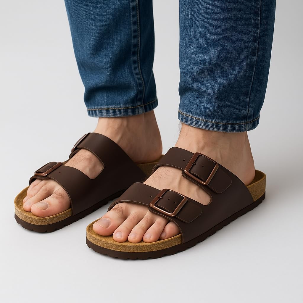 CUSHIONAIRE Lane Cork Footbed Mens Sandals, Adjustable Buckle Comfort Slides, 10