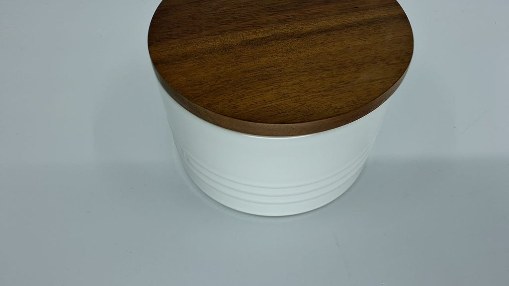 16 Oz Le Creuset Salt Cellar Canister w/ Wood Lid - White Stoneware
