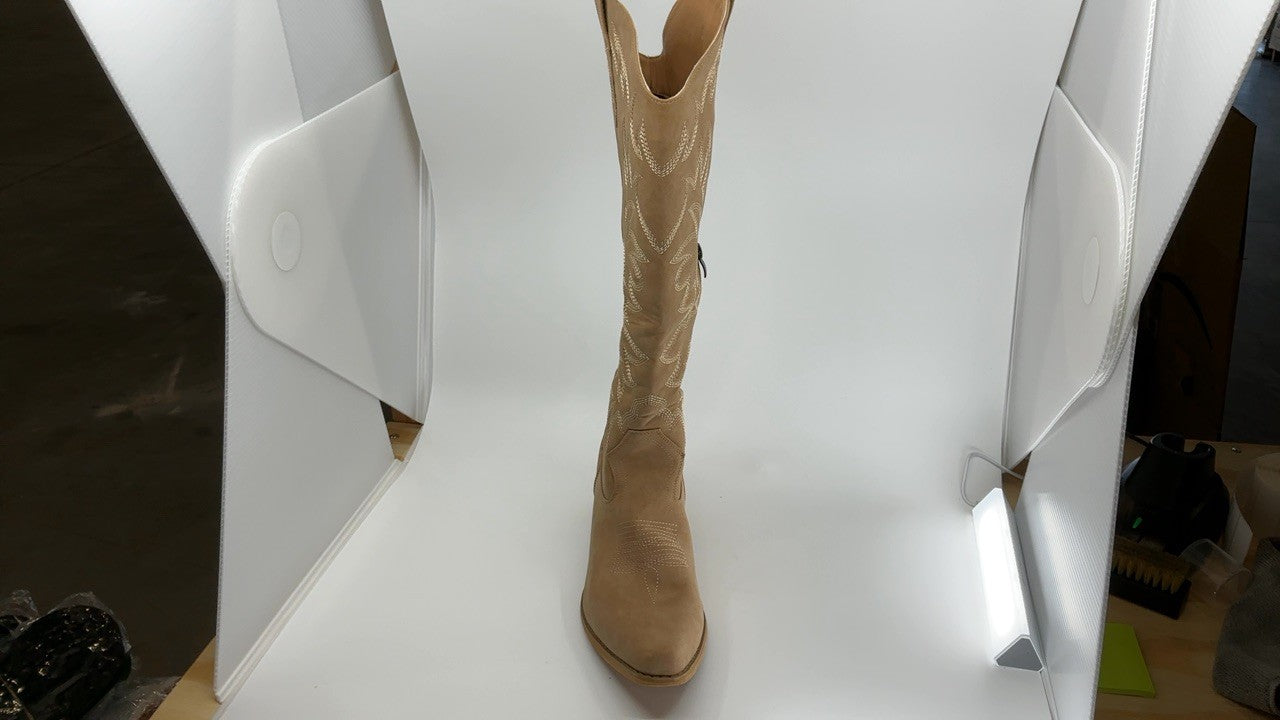 Camel Knee High Cowboy Boots for Women 11.5W Side Zipper Chunky Heel