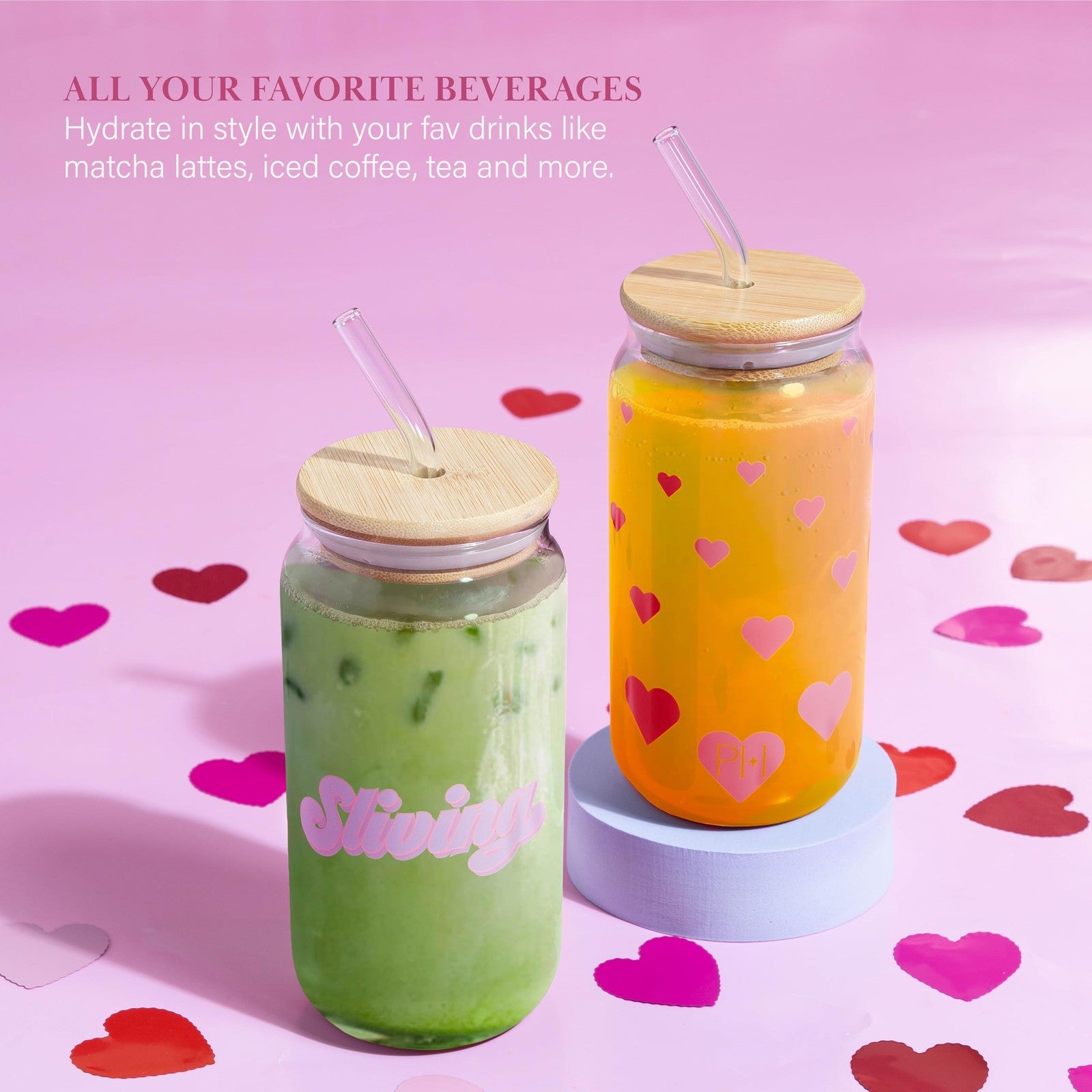 2-Piece Paris Hilton Glass Tumblers Set, 17oz, w/ Bamboo Lids & Cleaning Brushes