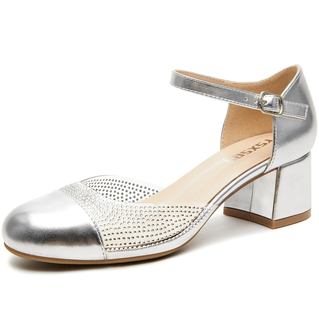 Chunky Heel Pumps for Women, Rhinestone Ankle Strap, Silver, Size 8.5