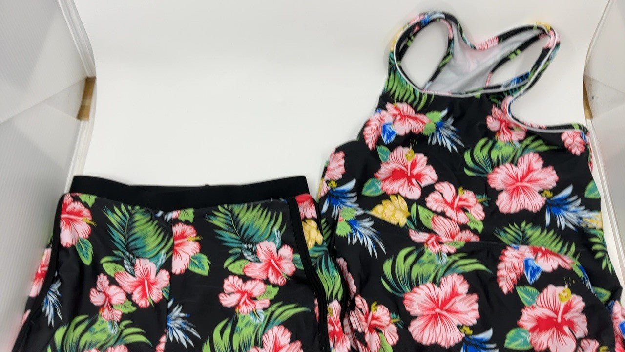 Hawaiian Floral Girls Tankini Swimsuit Size 10-11 w/ Shorts