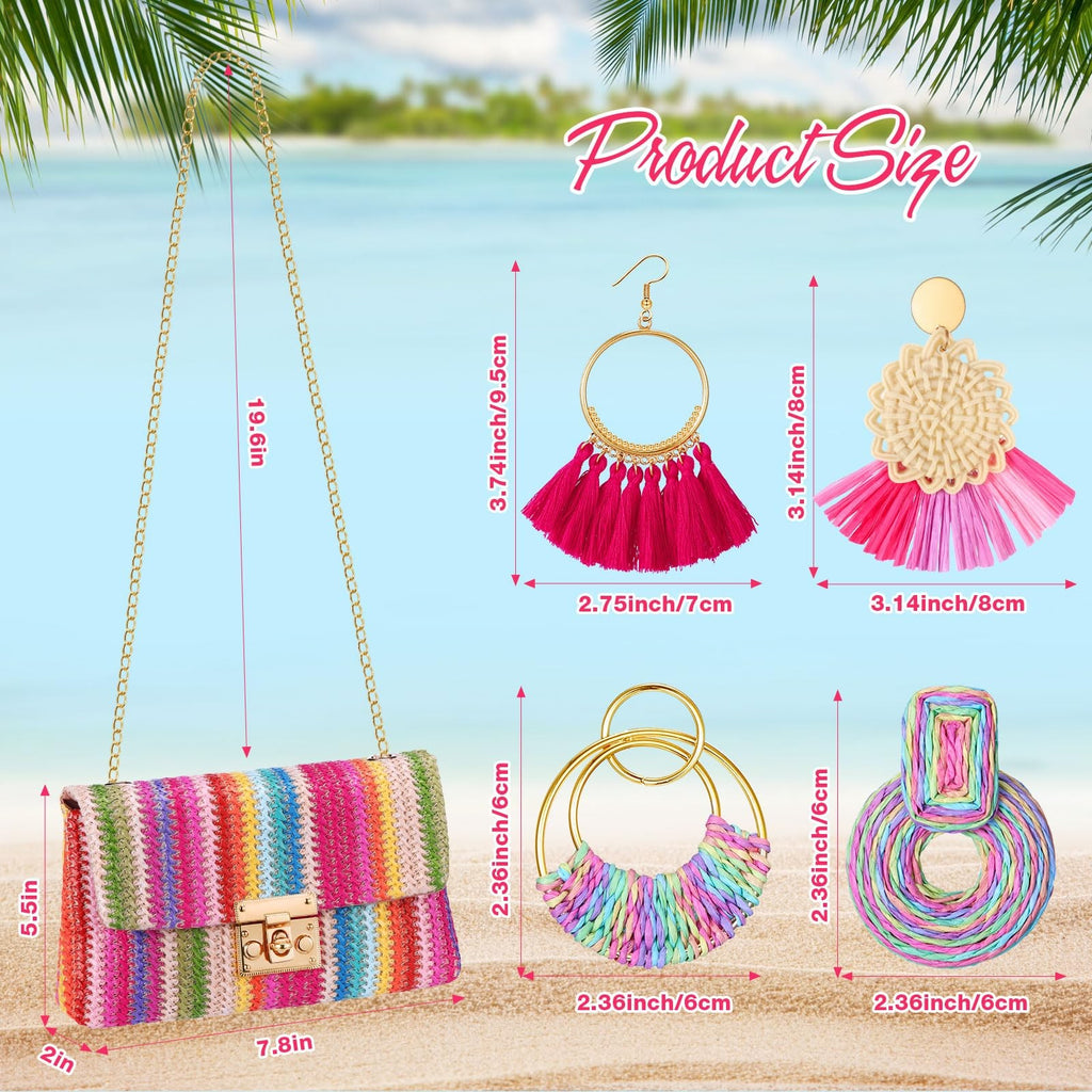 5 Pack Summer Striped Straw Clutch Purse & Earrings Set for Women